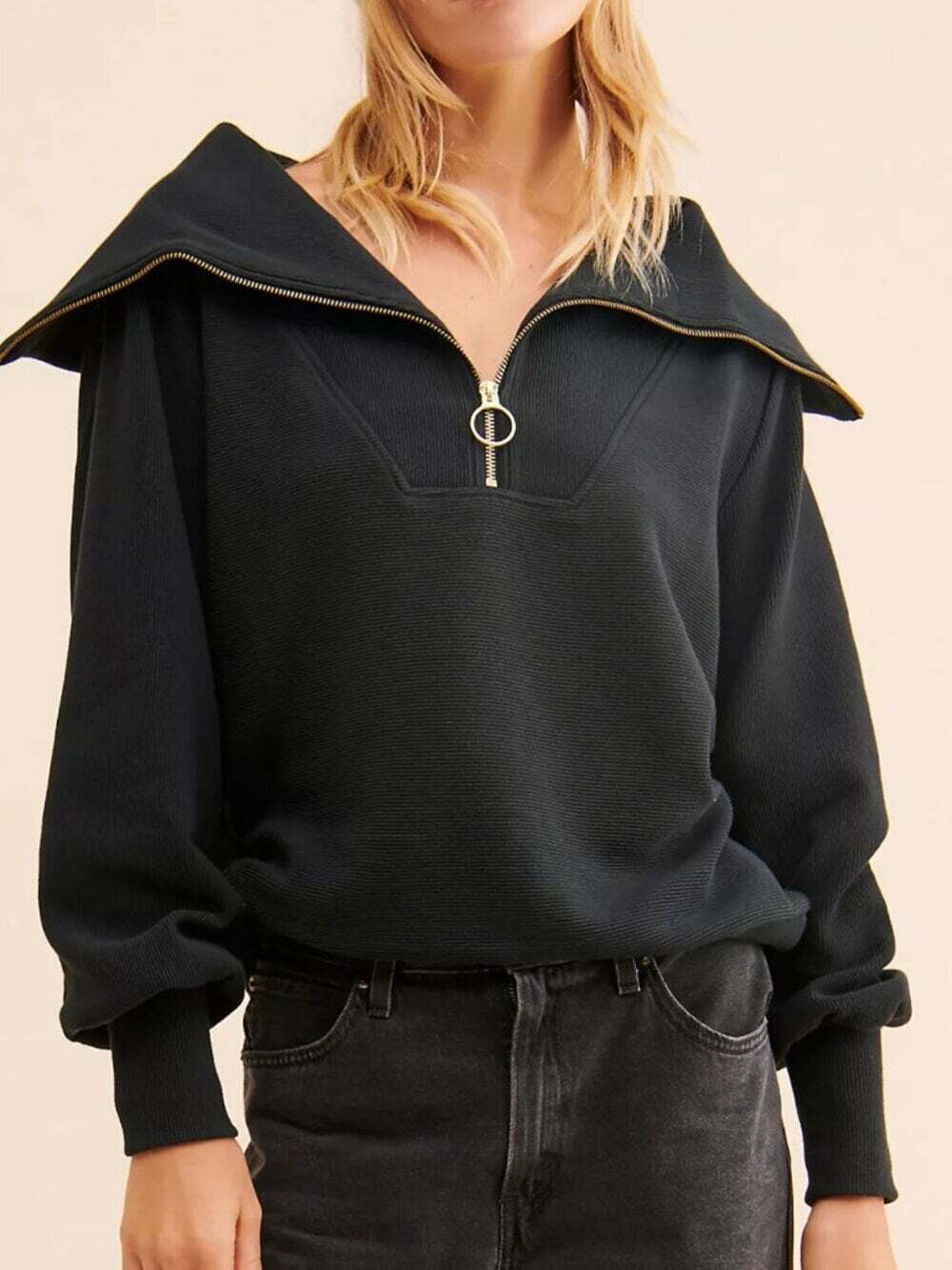 Varley Black Ribbed Funnel-Neck Sweatshirt Size X Small